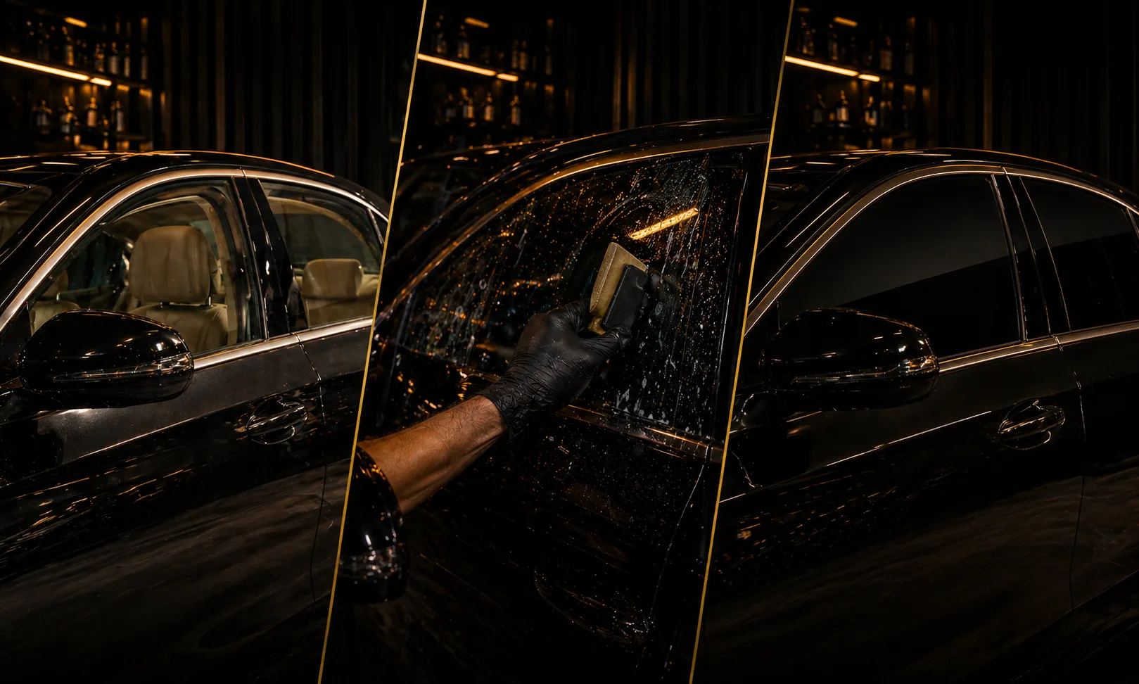 Three-panel collage showing a black sedan before tint, during window film installation, and after dark tint was applied